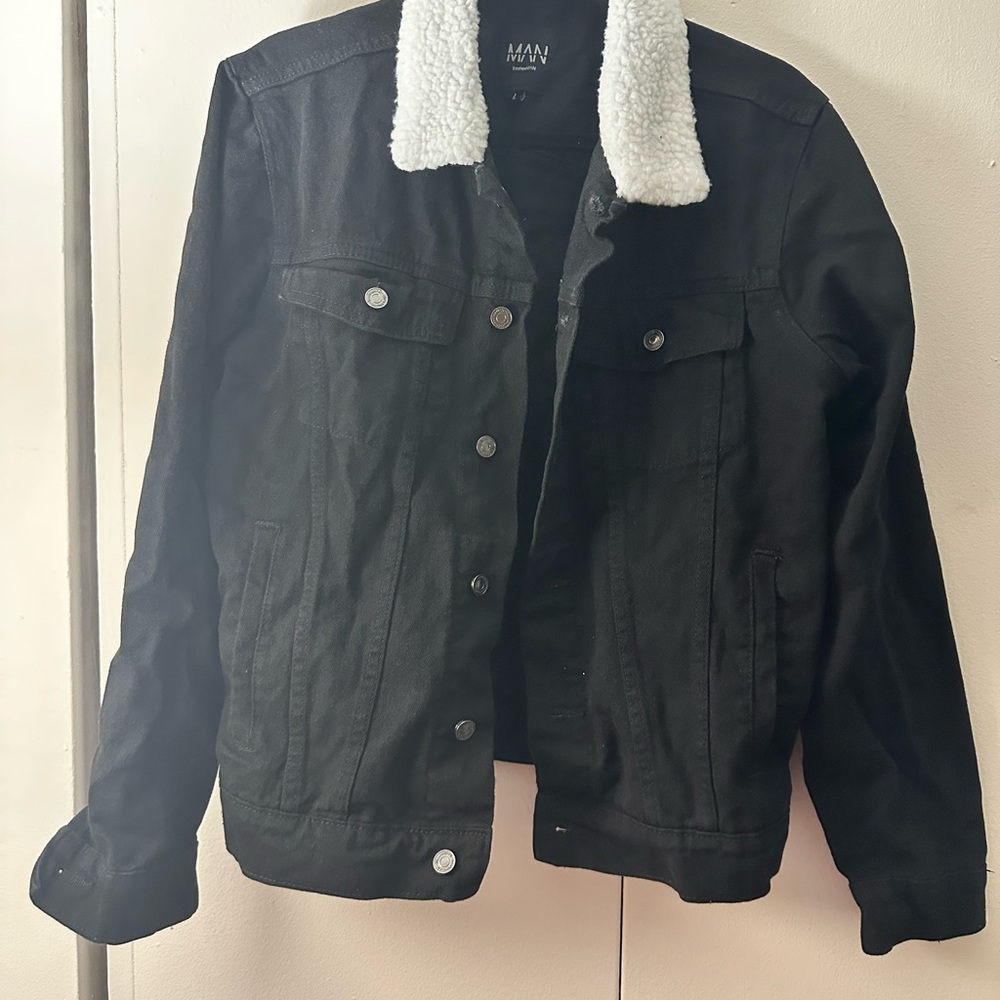 Black Denim Jacket with White Sherpa Collar
